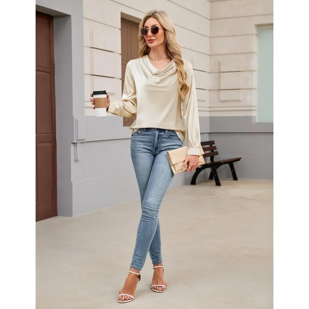 Women's Satin Blouse Cowl Neck Long Sleeve Business Casual Top Apricot - Picture 5 of 8